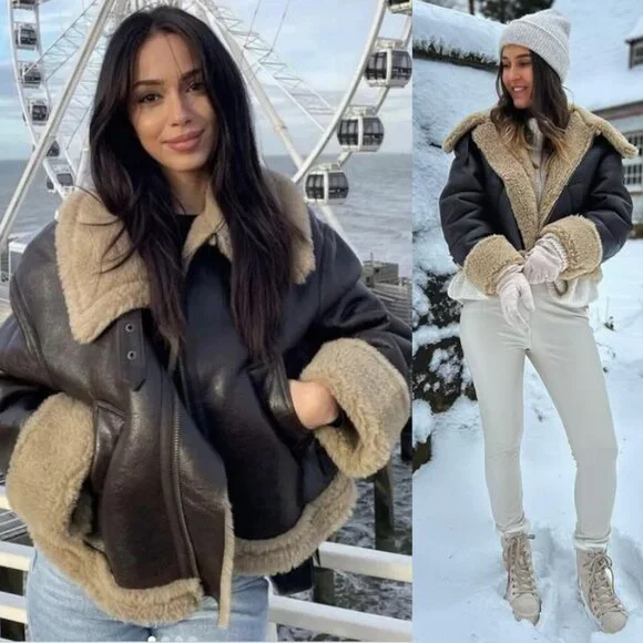 Zara Double Faced Jacket ZW Collection Sherpa Faux Fur Dark Brown Biker Size S - Picture 13 of 16